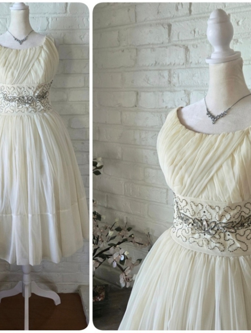 True Vintage 1950s Ivory Organza Tea Dress, Sequin/Bead, Xs/2